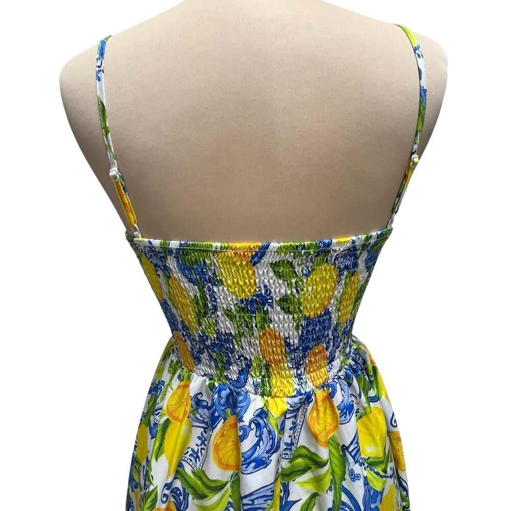 Shein Women’s Lemon Print Cut Out Sundress Yellow Blue Size 2 XS Summer Dress - Picture 6 of 8